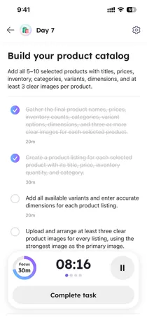 A daily task broken into smaller checklist steps with estimated times.